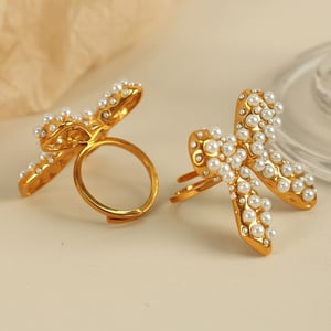 1 Pair Simple Series Retro Bow Knot Stainless Steel  Gold Color Artificial pearl Women's Adjustable Rings h5 Picture2